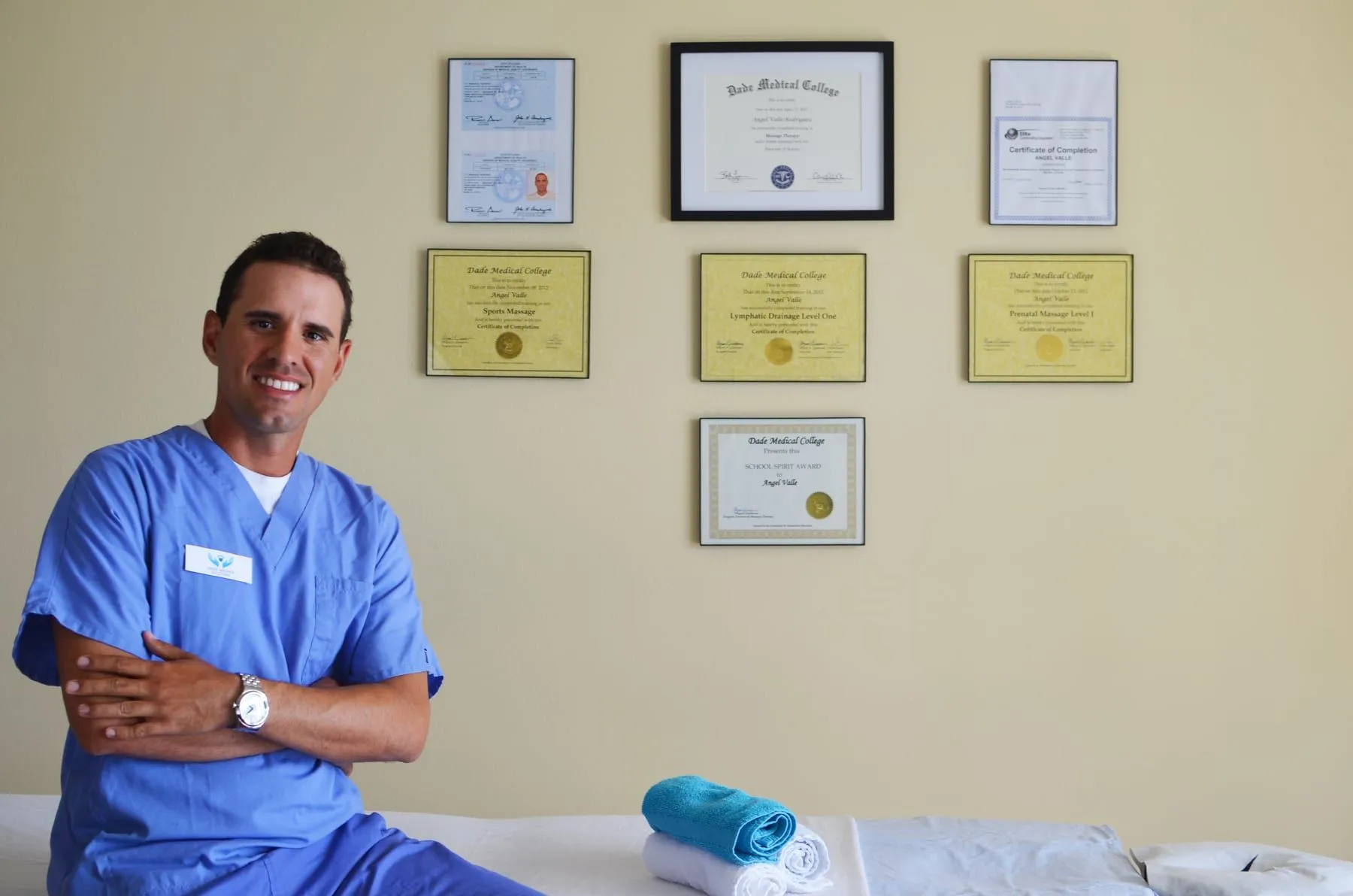 Angel Valle, LMT — founder of Angel Massage Solutions, with his certifications